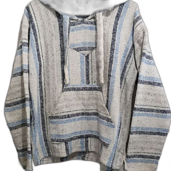 Earthbound Trading Co Stripe Baja Hoodie Medium Pullover Casual Cream/Blue Knit - Picture 1 of 10